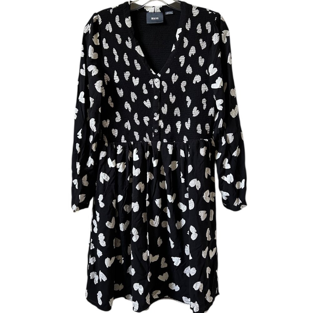 ANTHROPOLOGIE Maeve Banet Heart Dress Black Smocked Lined Long Sleeve Medium